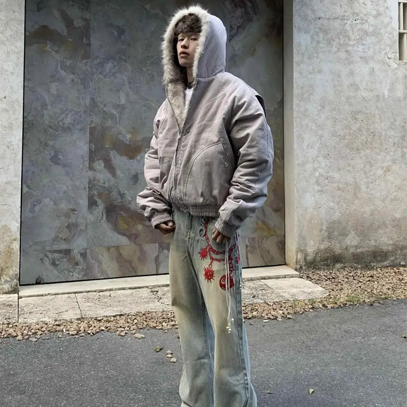 American Retro Woolen Collar Hooded Cotton Jacket Winter Thick Plush Top Men Street Hip-Hop Gothic Harajuku Oversize Jacket Coat - Tasawoq