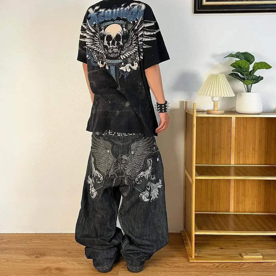 2024 New American Trend Retro Hip-hop Embroidery Pattern Baggy Jeans For Men And Women Y2K Harajuku Gothic Wide Pants Streetwear - Tasawoq