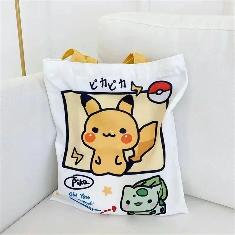 Anime Pokemon Pikachu Canvas Shoulder Bags Psyduck Squirtle Ladies Casual Handbag Reusable Large Capacity Women Shopping Bag - Tasawoq