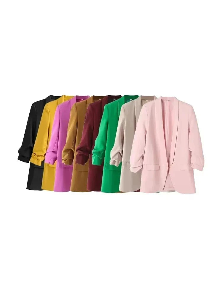 TRZA Women Fashion Office Wear Open Blazer Coat Vintage Long Pleated Sleeves Flap Pockets Female Outerwear Chic Tops - Tasawoq
