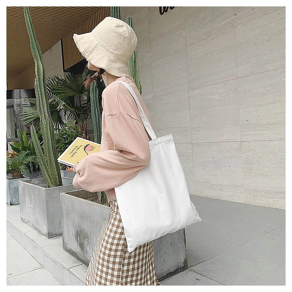 Large Capacity Black White Canvas Shoulder Tote Bag Folding Eco Cotton Handbag Reusable DIY Shoulder Bag Shopping Bag - Tasawoq