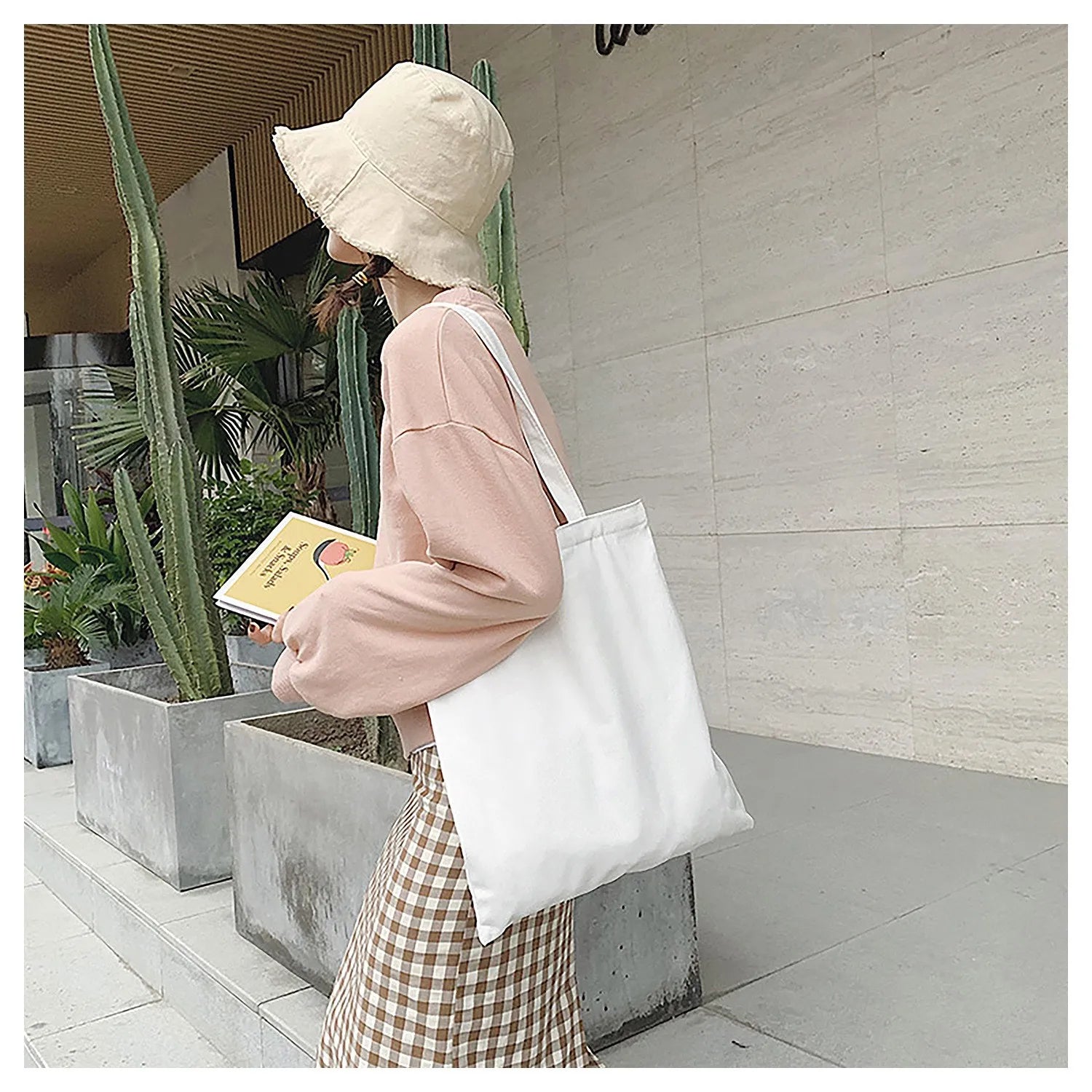 Large Capacity Black White Canvas Shoulder Tote Bag Folding Eco Cotton Handbag Reusable DIY Shoulder Bag Shopping Bag - Tasawoq