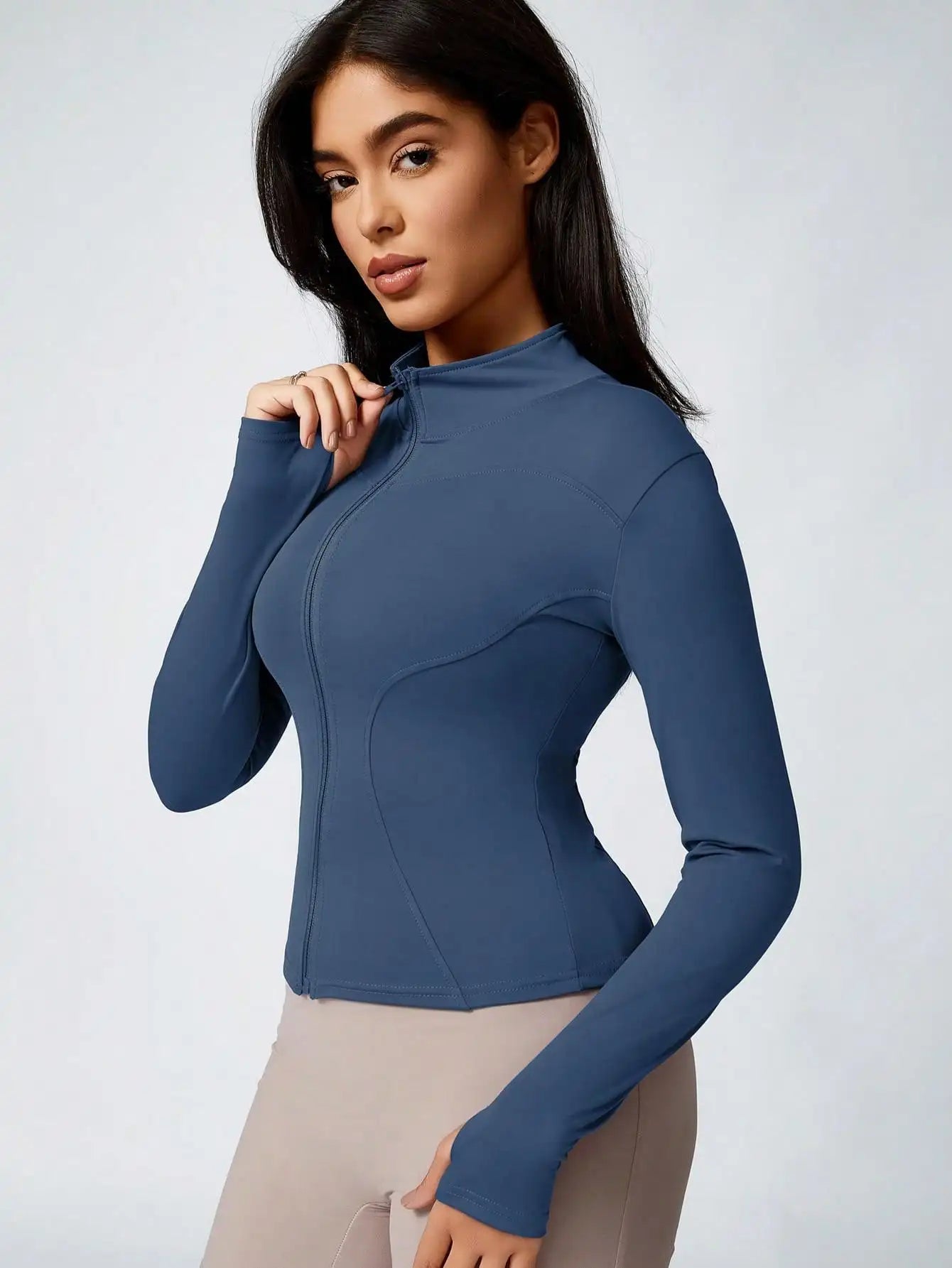 Women's Solid Color Zipper Turtleneck Sports Jacket, Long-Sleeved Sports Top, Gym Wear, Ladies' Sportswear for Indoor and Outdoo - Tasawoq
