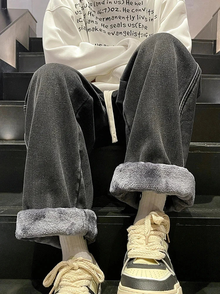 Winter Men's Jeans Korean Fashion Fleece Liner Thick Warm Straight Denim Pants Washed Cotton Retro Blue Wide Leg Jean Trousers - Tasawoq