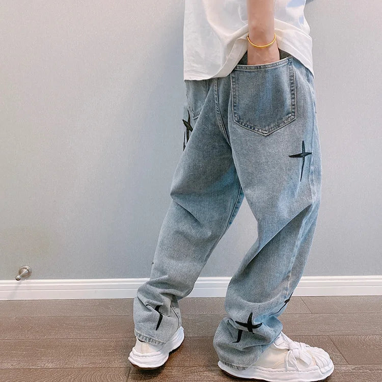 Prints Jeans Men 2023 New Streetwear Baggy Wide Leg Jeans Korean Fashion Drapes Straight Casual Loose Denim Cargo Pants - Tasawoq