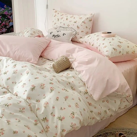 Pink Floral Bedding Set Soft Ins Single Double Queen Size Duvet Cover Flat Sheet Pillowcase Girls Home Totel Bed Linens - Tasawoq