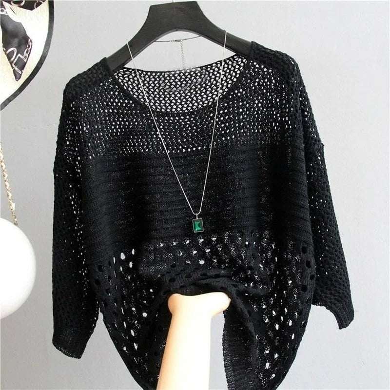 Spring and Summer New Ice Silk Knitted Vest Top Hollow Out Thin Bottoming Sling Streetwear Womens Clothing White Shirt 13686 - Tasawoq