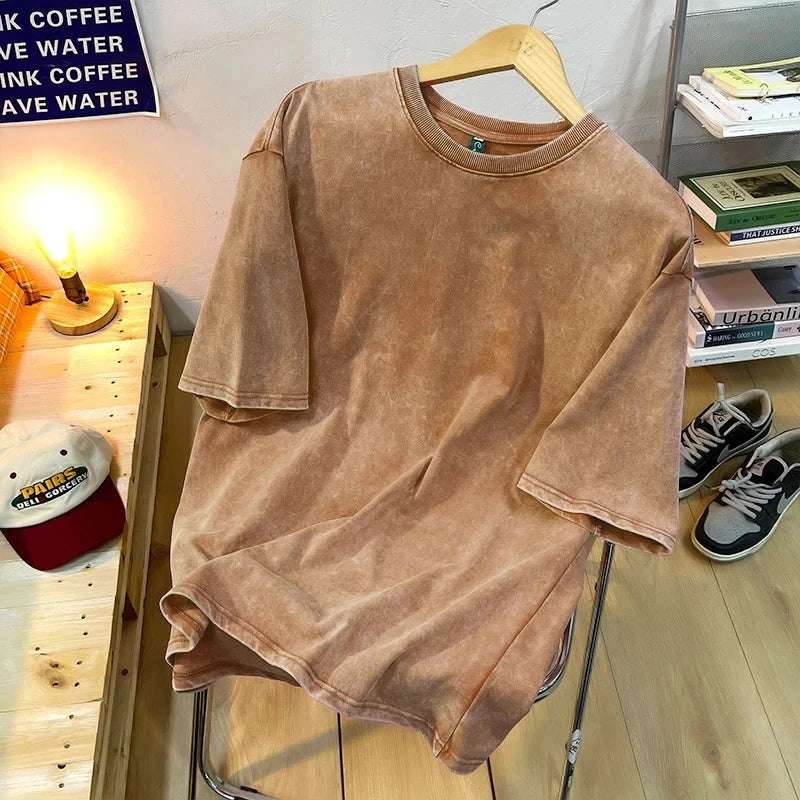 Vintage Snowflake Point Solid Color T-Shirts For Men Women 100% Cotton Short Sleeve Wash With Old Water Street Hip Hop Tee Shirt - Tasawoq