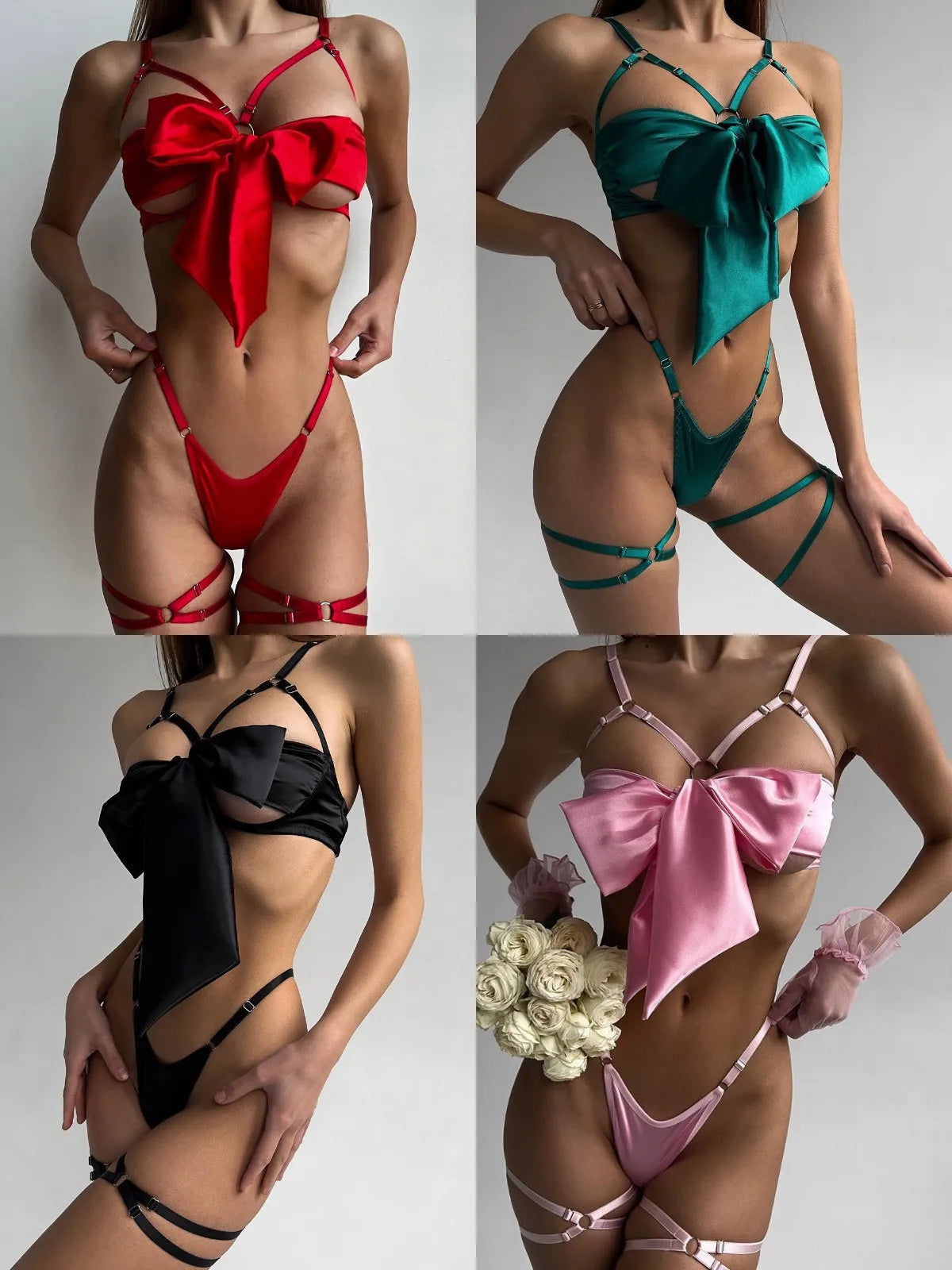 Sensual Fetish Bowknot Lingerie Open Bra Lace Up Sexy Underwear Satin Erotic Outfit Young Girls Erotic Lingerie Set Of Sex - Tasawoq