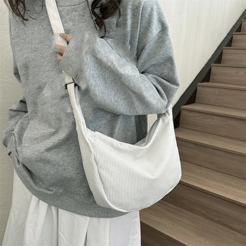 Corduroy Shoulder Bag Minimalist Crossbody Bag Women's Handbags Fashion Fabric Underarm Bag Solid Color Zipper Female Handbag - Tasawoq