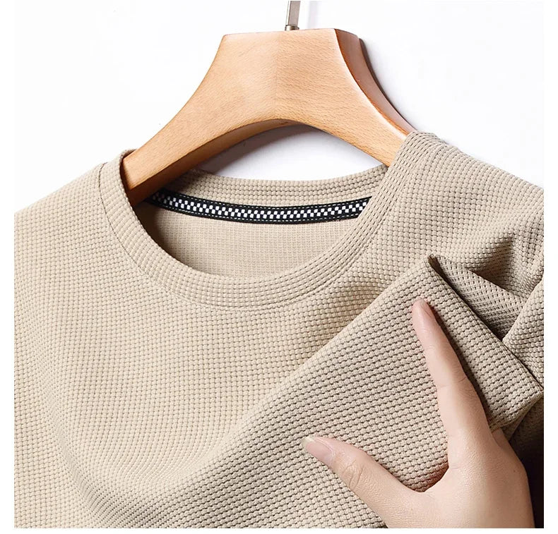 New Summer Waffle Round Neck Short Sleeved T-shirt for Men's Short Sleeved Top - Tasawoq