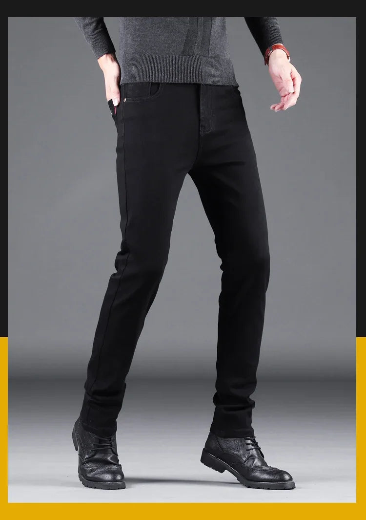 Spring Autumn New Men's Pure Black Slim Jeans Elastic Straight Pants Business Fashion Leisure Korean Vintage Denim Pants Male - Tasawoq