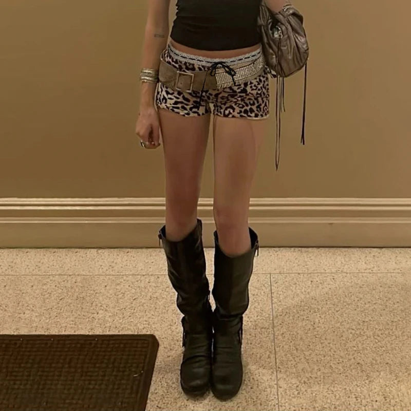 CIBBAR Hot Sexy Leopard Print Shorts Streetwear y2k Lace Patchwork Bow Low Rise Skinny Short Pants Women Vintage 2000s Clothing - Tasawoq