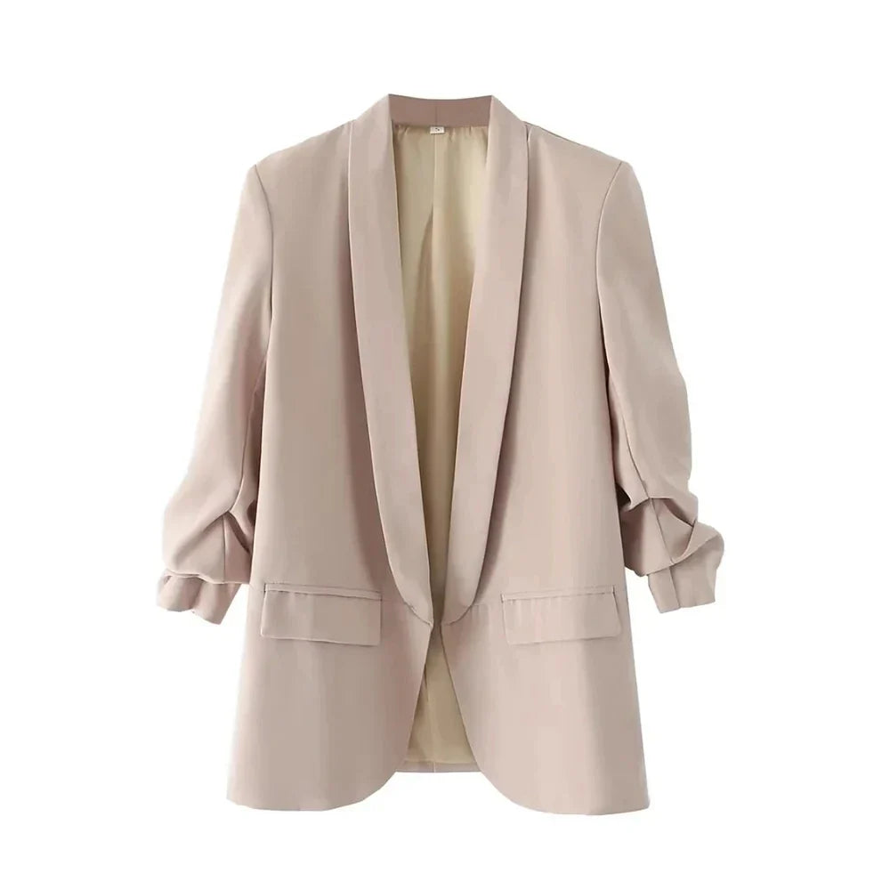 TRZA Women Fashion Office Wear Open Blazer Coat Vintage Long Pleated Sleeves Flap Pockets Female Outerwear Chic Tops - Tasawoq