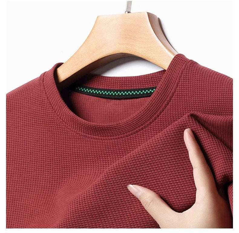 New Summer Waffle Round Neck Short Sleeved T-shirt for Men's Short Sleeved Top - Tasawoq