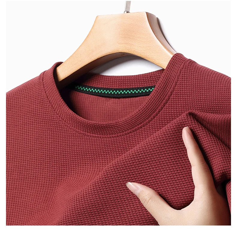 New Summer Waffle Round Neck Short Sleeved T-shirt for Men's Short Sleeved Top - Tasawoq