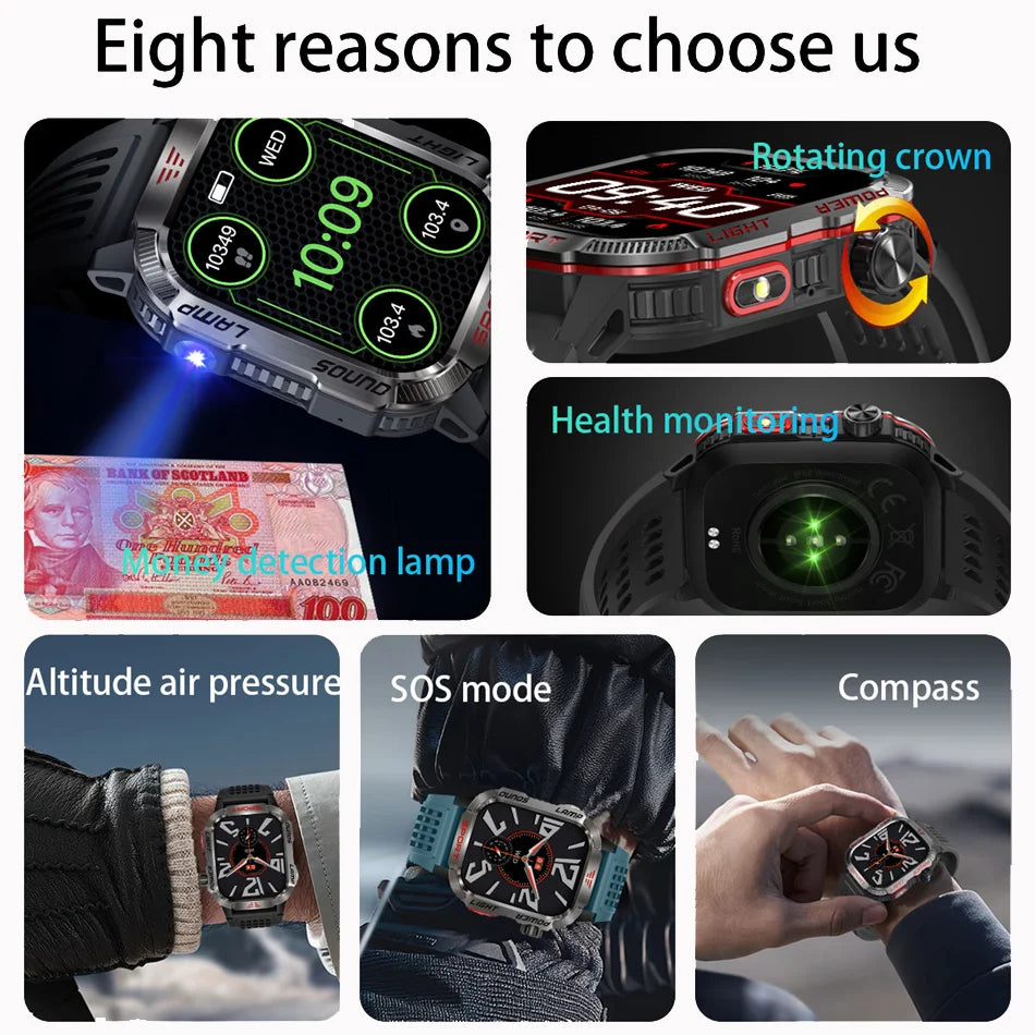 New For Huawei Xiaomi Military GPS Smart Watch Men Flashlight Compass Waterproof Outdoor Sport Tracker Bluetooth Call Smartwatch - Tasawoq