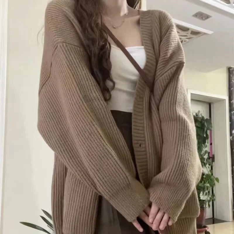 Autumn Winter Women Cardigan Sweater Coats Fashion Female Long Sleeve V-neck Loose Knitted Jackets Casual Sweater Cardigans - Tasawoq
