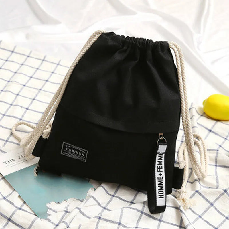 1 Pc Canvas School Bag Double Shoulder Drawstring Backpack Drawstring Pocket Portable Casual Backpack Women Men Travel Backpack - Tasawoq