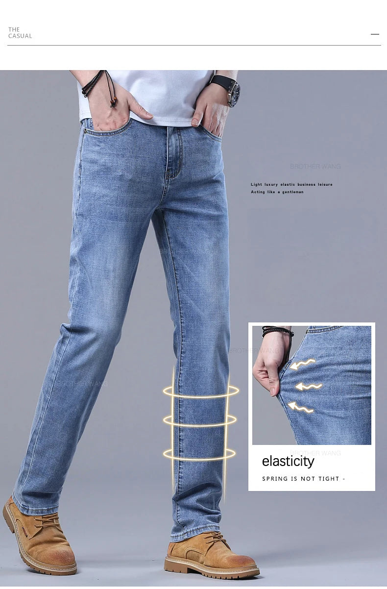 Spring Men's Light Blue Slim Jeans Stylish Casual Stretch Fabric Denim Pants Classic Trousers Smoke Gray - Tasawoq