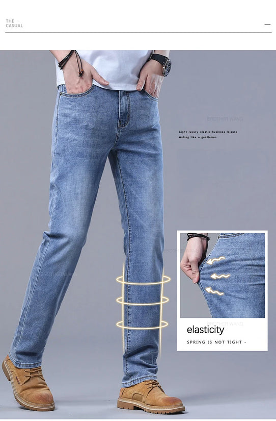 Spring Men's Light Blue Slim Jeans Stylish Casual Stretch Fabric Denim Pants Classic Trousers Smoke Gray - Tasawoq