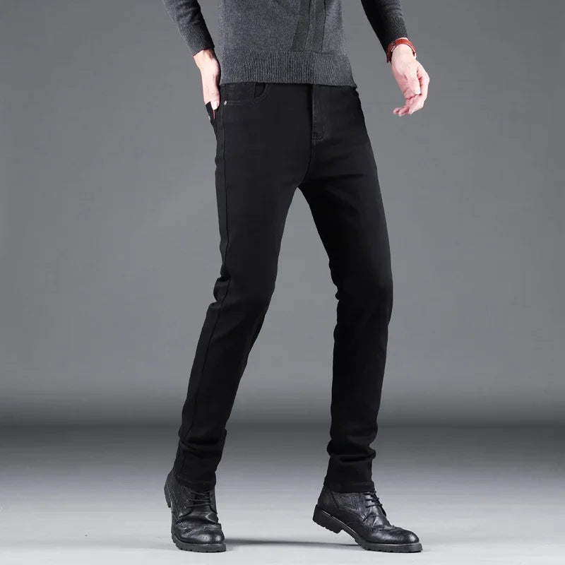 Spring Autumn New Men's Pure Black Slim Jeans Elastic Straight Pants Business Fashion Leisure Korean Vintage Denim Pants Male - Tasawoq