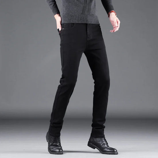 Spring Autumn New Men's Pure Black Slim Jeans Elastic Straight Pants Business Fashion Leisure Korean Vintage Denim Pants Male - Tasawoq