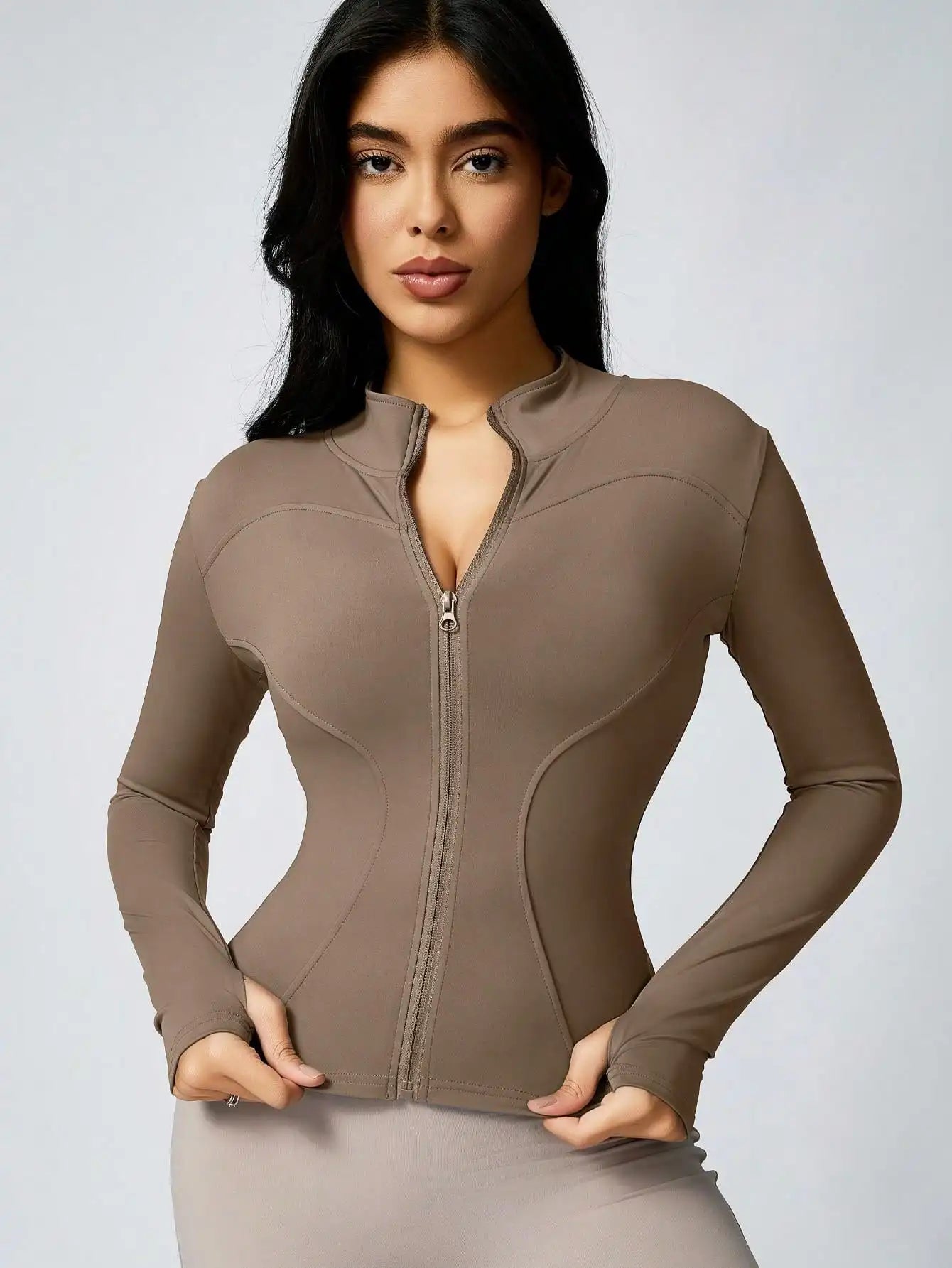 Women's Solid Color Zipper Turtleneck Sports Jacket, Long-Sleeved Sports Top, Gym Wear, Ladies' Sportswear for Indoor and Outdoo - Tasawoq