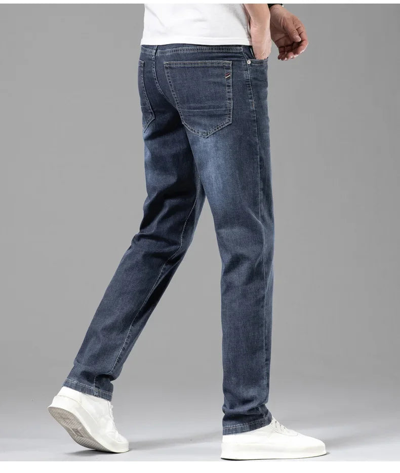 Summer Thin Men's Elastic Cotton Jeans Fashion Gray Comfortable Business Straight Casual Pants Brand Male Clothes Trousers - Tasawoq
