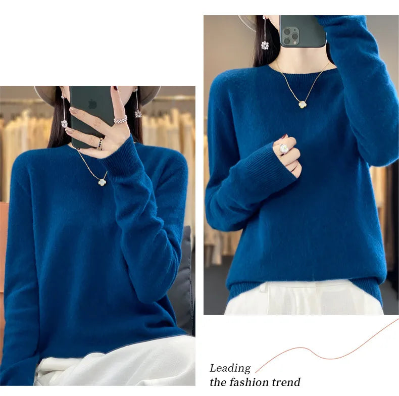 Women's 100% Beautiful Wool Round Neck Top Fashion Versatile Knitted Loose Long Sleeve Pullover Thin Sweater Yuan Ling - Tasawoq