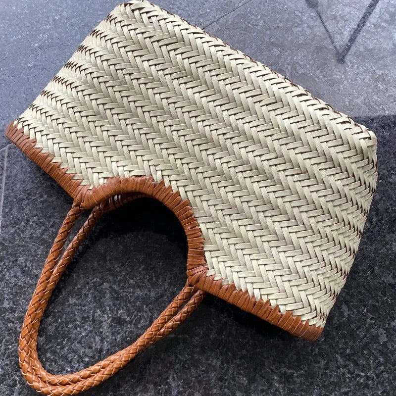 Handbags Women's Genuine Leather Shoulder Bag Weaving Casual Shopping Bag Vintage Big Tote Purse Cowhide Cross Hand Bags Lady - Tasawoq