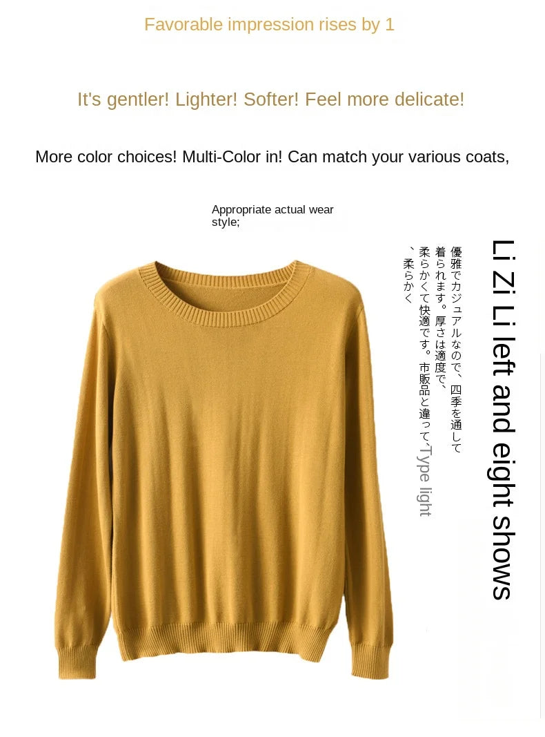 Women's 100% High-quality Cotton Knitted Sweater, Temperament Round Neck Top, Breathable And Versatile Pullover, Long Sleeved - Tasawoq