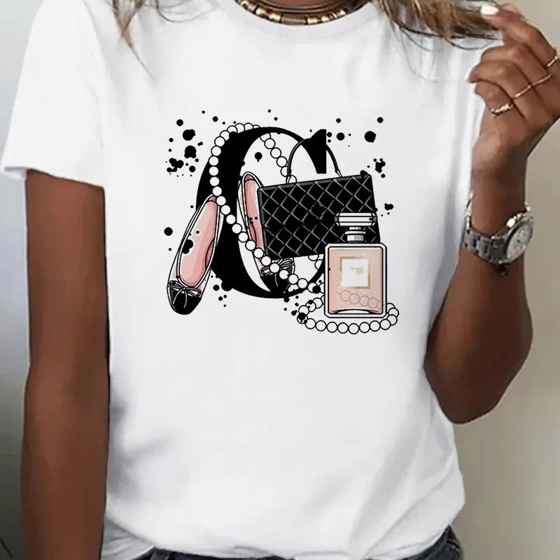 Women's T Shirt Summer Fashion Girl Bag Printed Ladies T-shirt Casual Short Sleeve Female Clothing Top Tee White T-shirt - Tasawoq