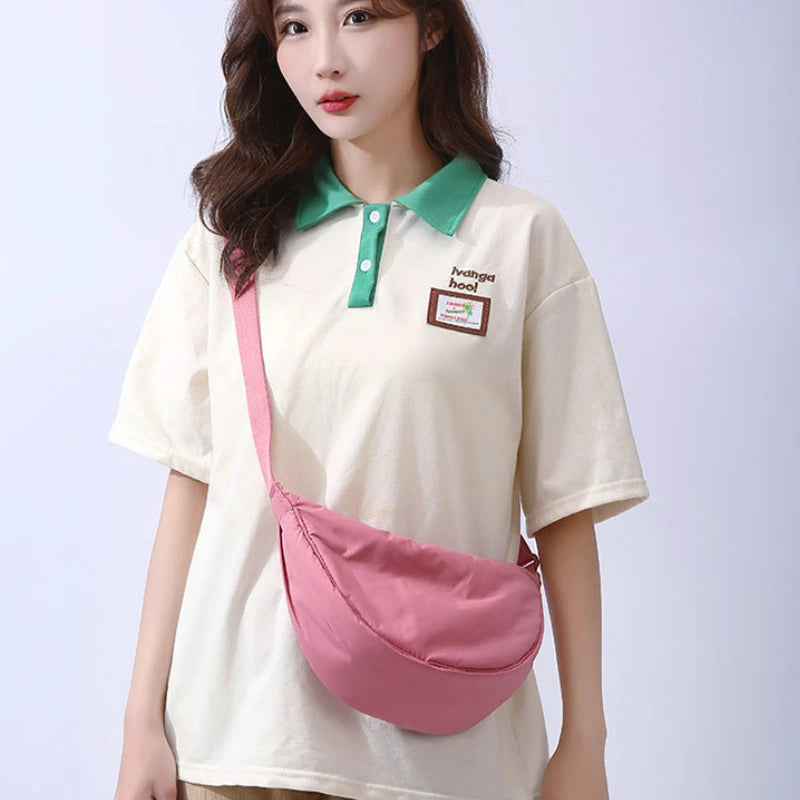 Solid Color Women's Portable Shoulder Bag Simple Female Nylon Cloth Padded Crossbody Bags Travel Purse Handbags Messenger Bag - Tasawoq