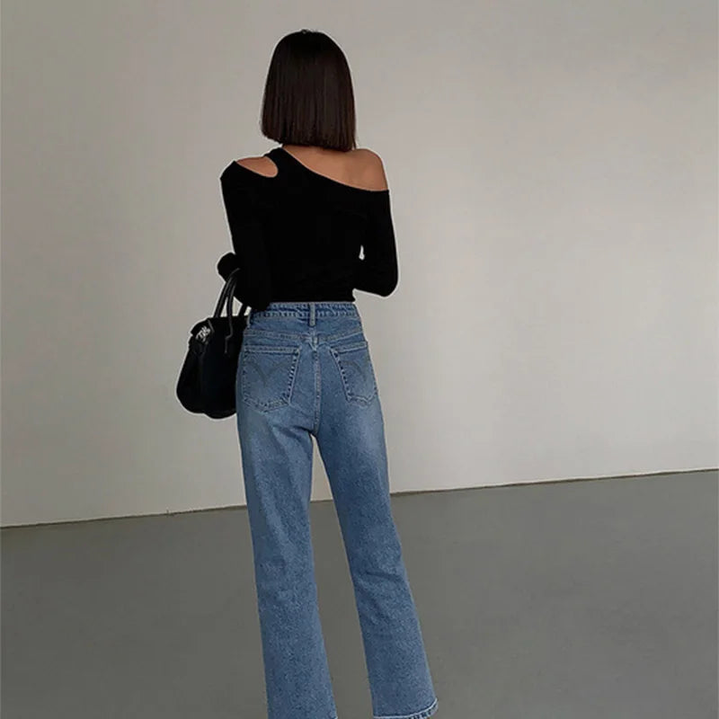 Fashion Skew Collar Off-shoulder Long-sleeved T-shirts Women Spring New Solid Slim Fit Crop Top Sexy Hollow Out Tees Shirts - Tasawoq
