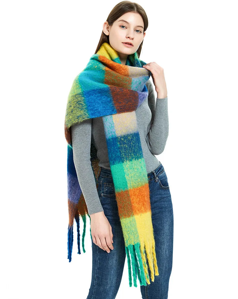 2025 Winter Thick Warm Scarf Women Cashmere Shawl and Wraps Pashmina Neckerchief Bufanda Female Rainbow Hairy Tessel Echarpe New - Tasawoq