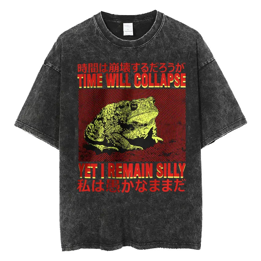 The Horrors Are Never Ending Yet I Remain Silly T-shirt Funny Japanese Style Frog Retro Washed T Shirt Men's Oversized Tees Tops - Tasawoq