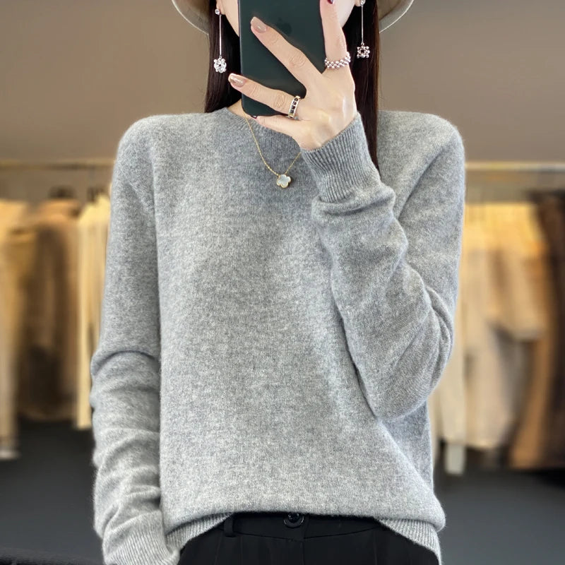 Women's 100% Beautiful Wool Round Neck Top Fashion Versatile Knitted Loose Long Sleeve Pullover Thin Sweater Yuan Ling - Tasawoq