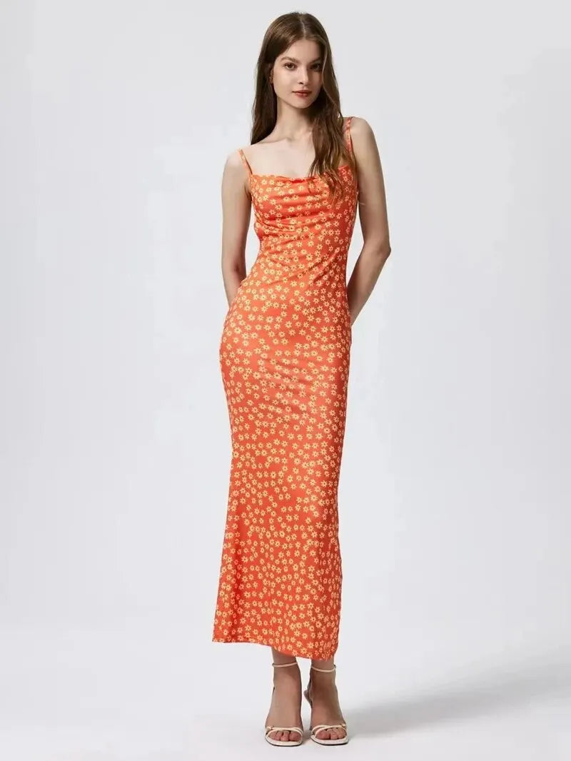 Long Floral Suspender Dress Nsummer Sexy Backless Slimming Beach Dress Fashionable Simple Printed Banquet Women's Clothing - Tasawoq