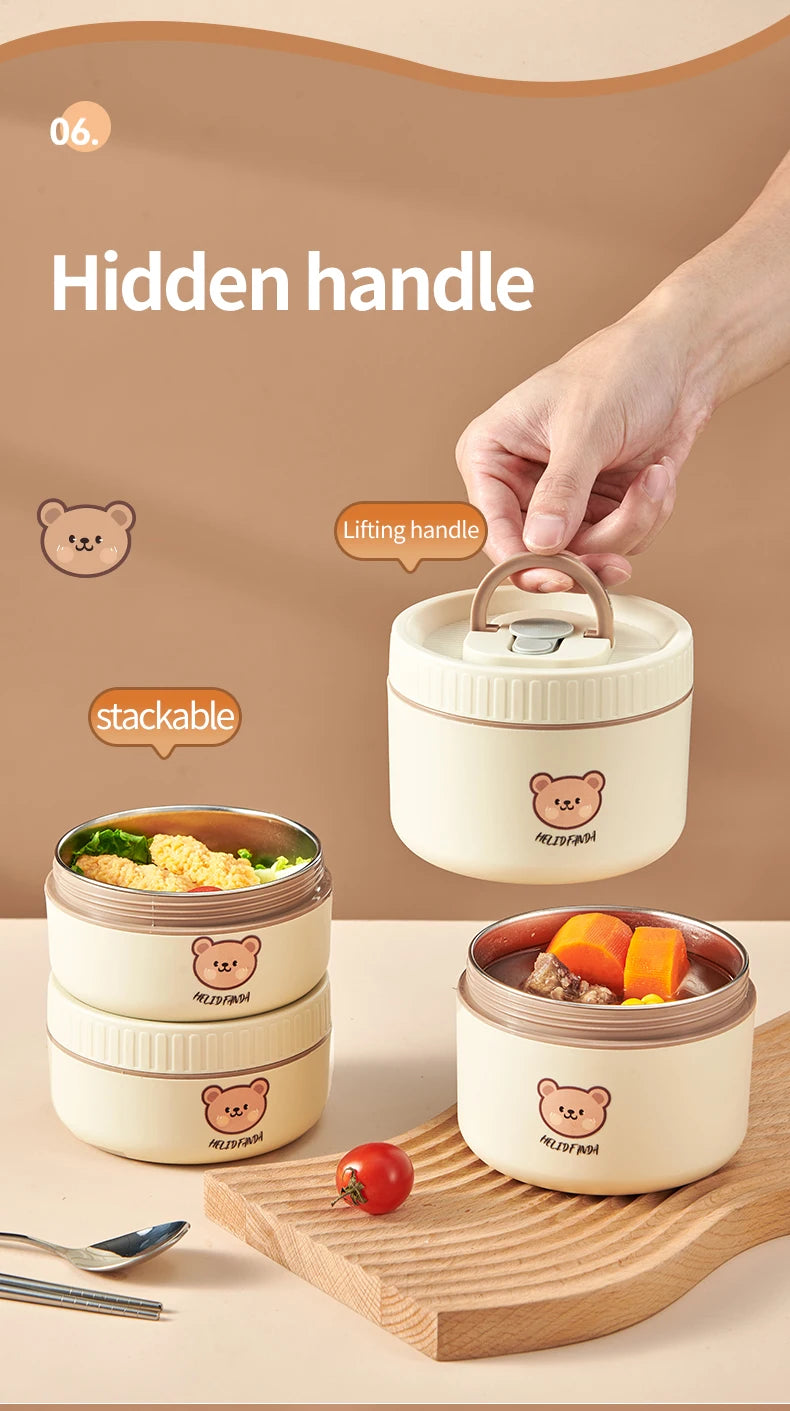 WORTHBUY Cute Bear 304 Stainless Steel Thermal Lunch Box For Kids Adults Portable Microwave Bento Box Leak Proof Food Container
