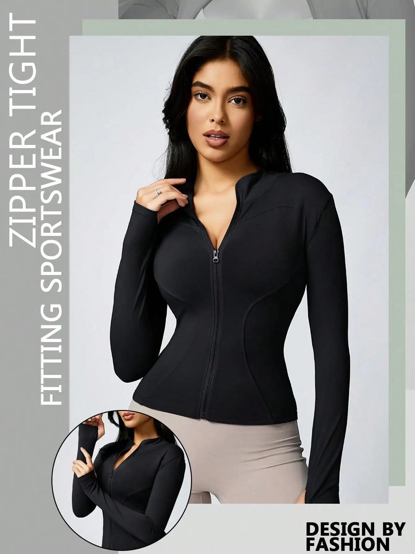 Women's Solid Color Zipper Turtleneck Sports Jacket, Long-Sleeved Sports Top, Gym Wear, Ladies' Sportswear for Indoor and Outdoo - Tasawoq