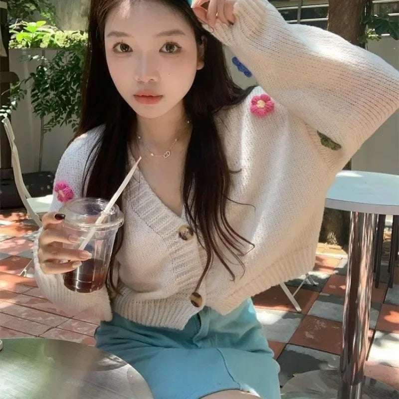 PTKPCC New Autumn Colourful Applique Flower Cardigan for Women Cute Long V-neck Knit Crop Sweater Girl Soft Knitwear - Tasawoq