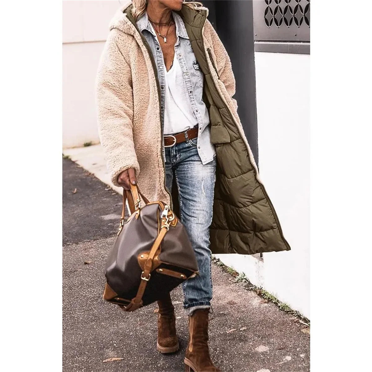 Winter Hooded Quilted Jacket For Women Solid Reversible Long Sleeve Thick Coat Warm Fashion Long Outerwear Casual Puffer Coats - Tasawoq