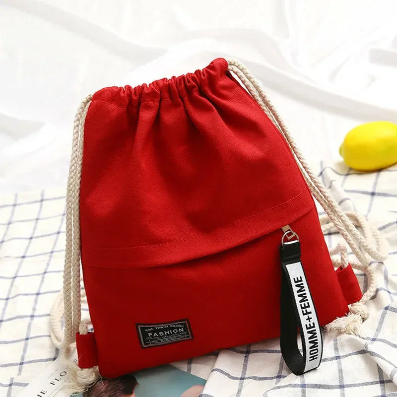 1 Pc Canvas School Bag Double Shoulder Drawstring Backpack Drawstring Pocket Portable Casual Backpack Women Men Travel Backpack - Tasawoq