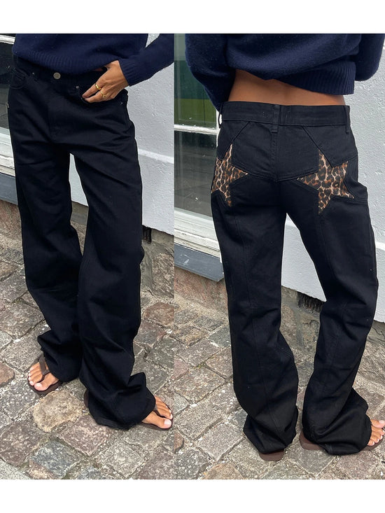 Combhasaki Women's Y2K Vintage Jeans Aesthetic Star Pattern Print Loose Straight Leg Denim Long Pants Casual Low Waist Trousers - Tasawoq