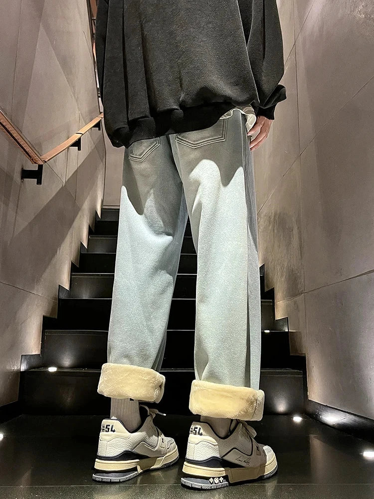 Winter Men's Jeans Korean Fashion Fleece Liner Thick Warm Straight Denim Pants Washed Cotton Retro Blue Wide Leg Jean Trousers - Tasawoq