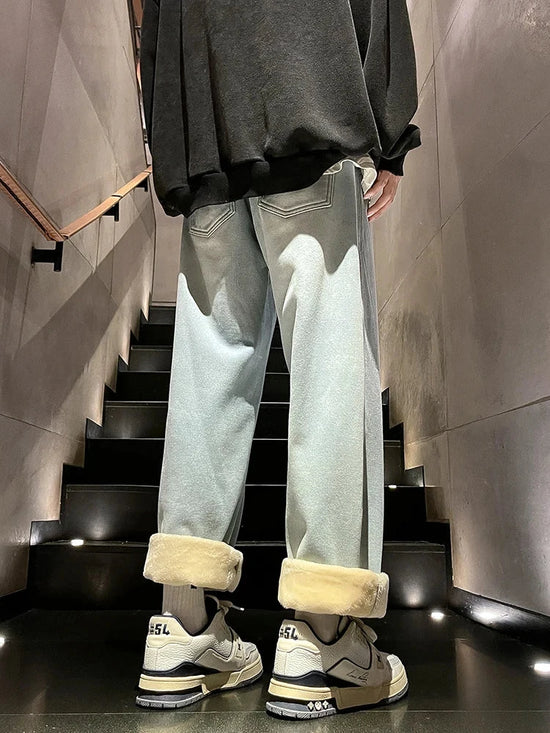 Winter Men's Jeans Korean Fashion Fleece Liner Thick Warm Straight Denim Pants Washed Cotton Retro Blue Wide Leg Jean Trousers - Tasawoq