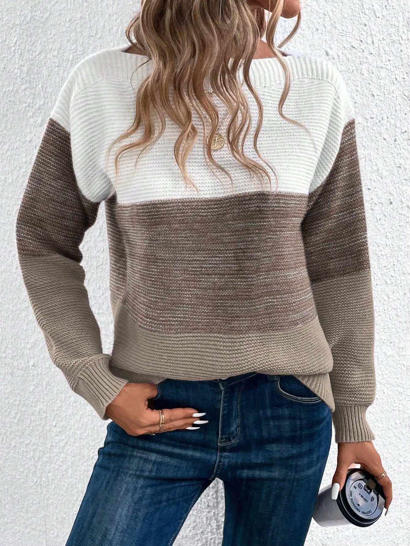 Elegant Three-color Patchwork Sweater Women Daily Commuter Casual Loose Jumpers Female Autumn Winter Knitted Thickened Warm Tops - Tasawoq