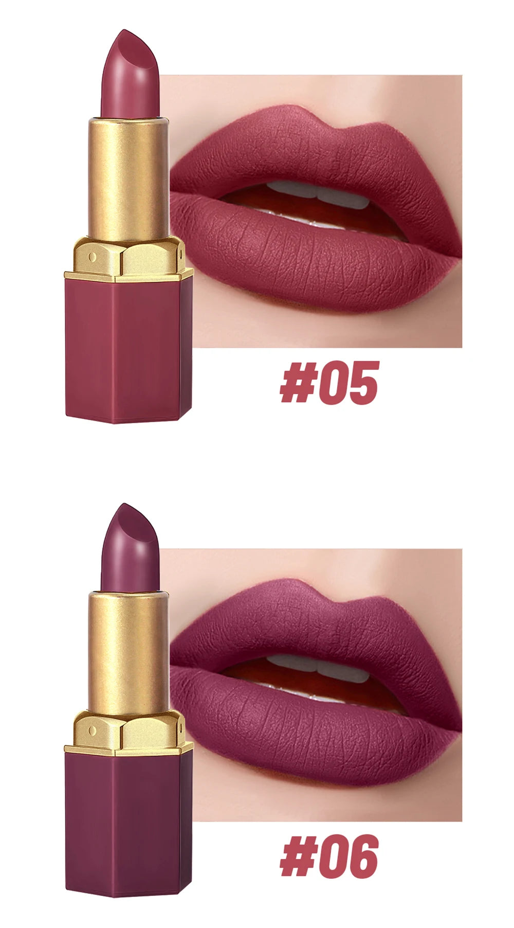 6 Colors Gold Bar Tube Lipstick Matte Texture Pearlescent Glitter Velvet Lipstick Valentine's Day Gift 6PCS - Tasawoq
