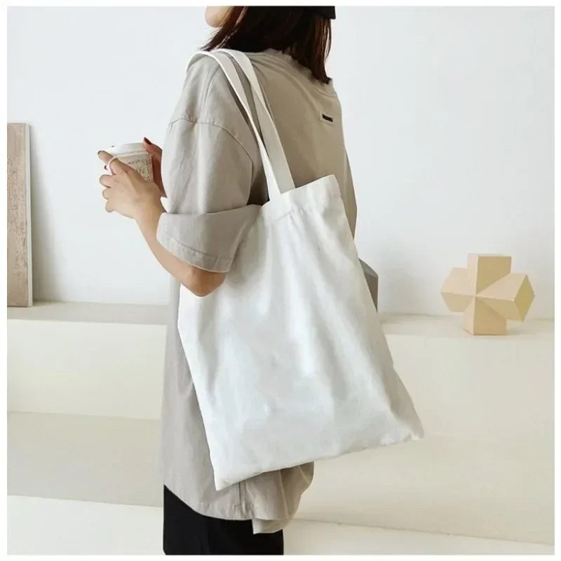 Large Capacity Black White Canvas Shoulder Tote Bag Folding Eco Cotton Handbag Reusable DIY Shoulder Bag Shopping Bag - Tasawoq